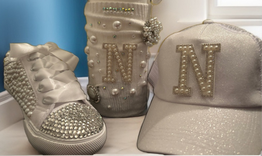 Custom Diamond Pearl Sneakers, paired with Matching Junk Socks and a Sparkling Ball Cap Set